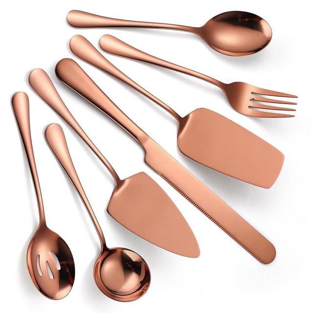 A · HOUSEWARE Flatware Serving Set Copper/Rose Gold Stainless Steel 12-inch Knife and Fork Large Spoon Service Cake Shovel Complete 7 Pieces Cutlery Utensils Set for Home Kitchen Party Buffet