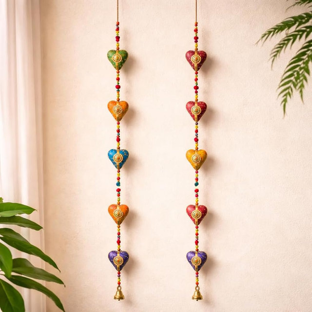LOVENSPIRE Rajasthani Door Hanging Wind Chimes Indian Traditional Heart Wall Hanging Diwali Christmas Wedding Decor Wind Chime for Home Decoration Patio - Housewarming Gifts (2 Strings)