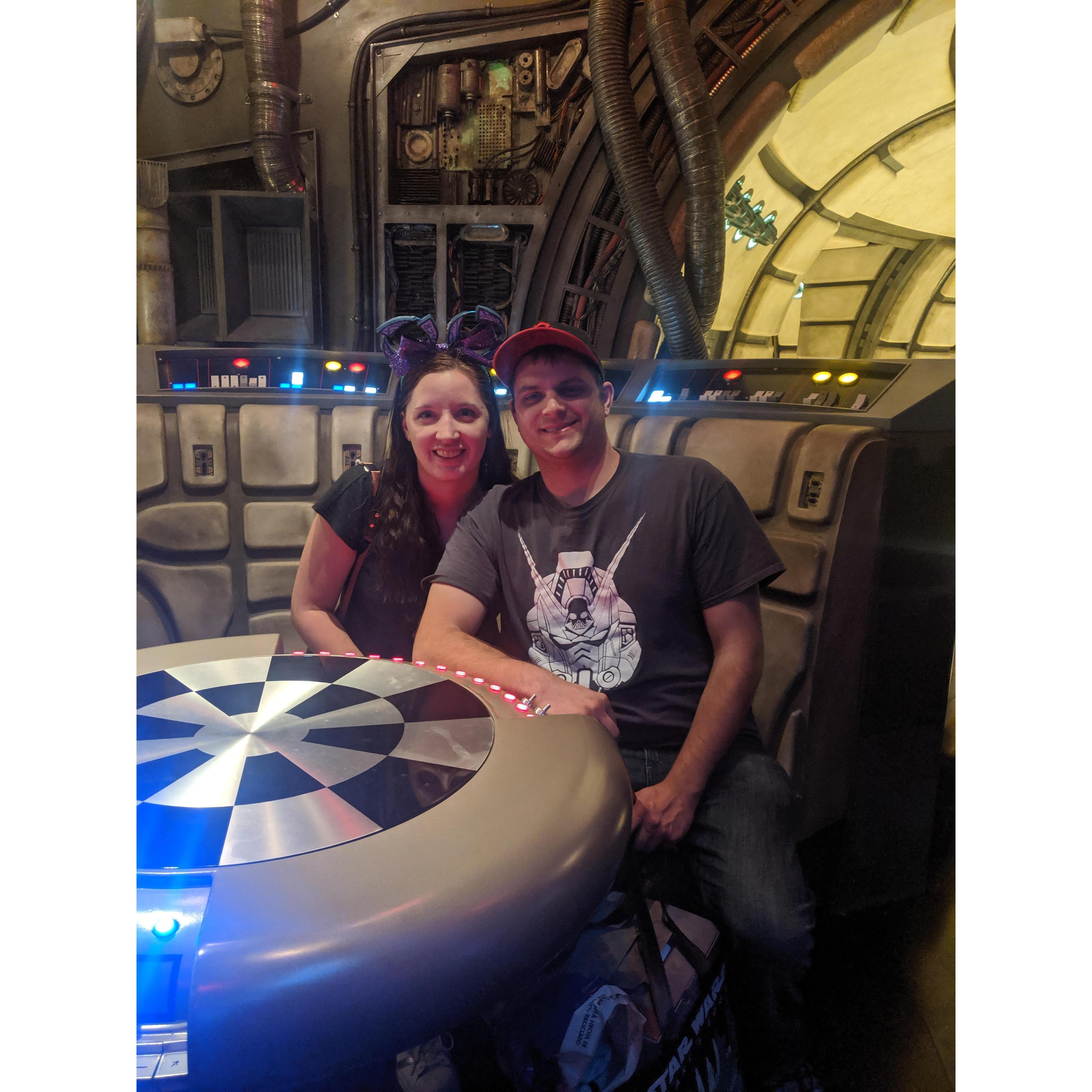 While we were in Anaheim we also went to Disneyland and got to sit in the  Millennium Falcon. This is one of our favorite photos together at Disneyland.