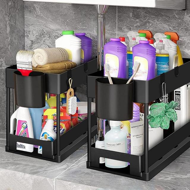 Under Sink Organizers and Storage With Sliding Storage Drawers Basket,2 Tier Bathroom Organizer Under Sink,Kitchen Cabinet Organizers And Storage Rack With Hooks,The Bottom Can Be Pull Out(2 Pack)