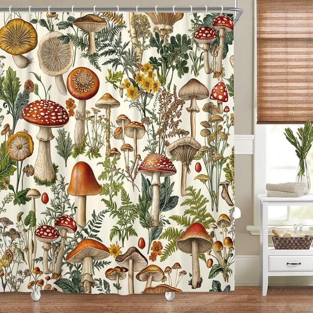 Vintage Boho Mushroom Cottagecore Shower Curtain, Botanical Floral Nature, Magical Plant, Farmhouse Bathroom Accessory, Beige, 70X70IN