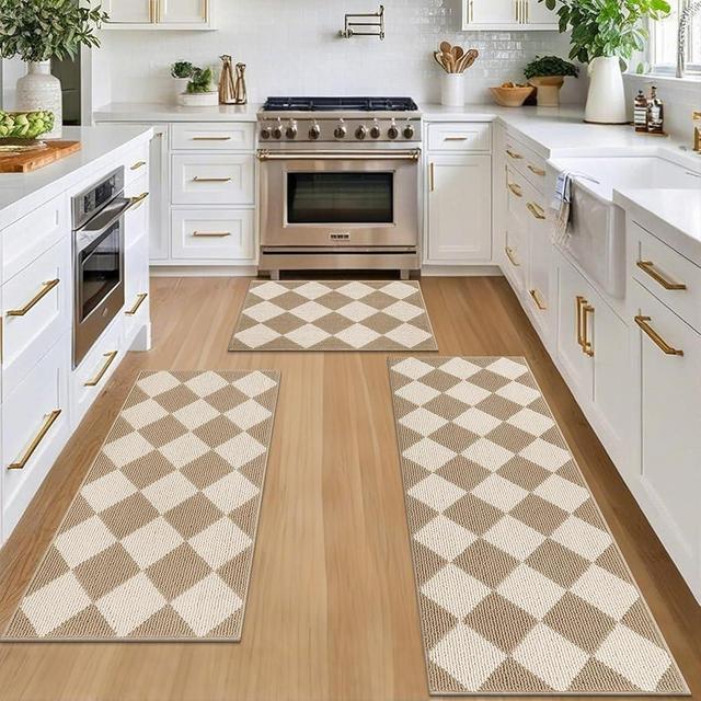 SHACOS 3 Piece Checkered Kitchen Runner Rug Washable Non Slip Kitchen Rug Set Indoor Floor Carpet Doormat, Hallway Entryway Runner Rug for Laundry, Bathroom, Living Room