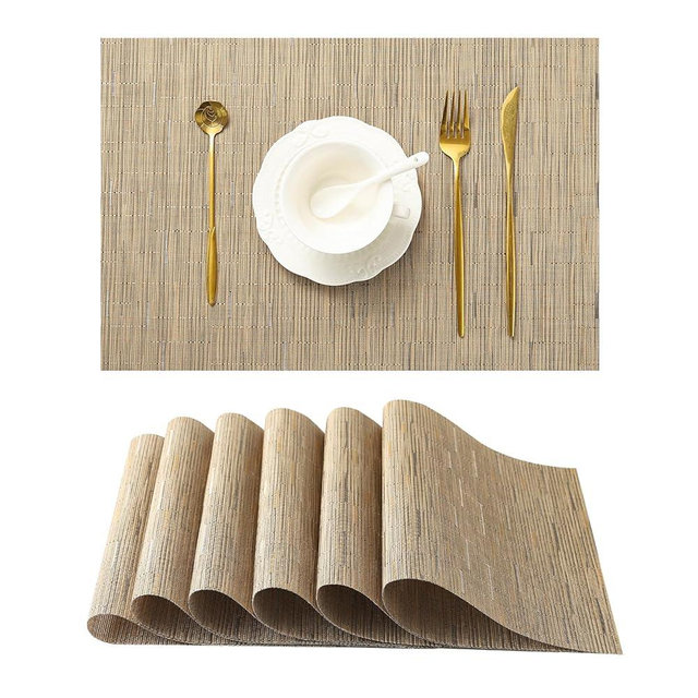 Leetaltree Light Brown Placemats Set of 6 - Heat Resistant Non-Slip Place mats for Dining Table, Washable Durable PVC Vinyl Woven Table Mats（Light Brown, 6）
