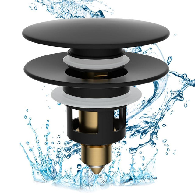 Hibbent All Metal 2 in 1 Bathroom Sink Stopper, Universal Pop Up Drain Strainer, Brass Bullet Core Push Type Sink Stopper for 1.1''~2.3'' Basin, Big Push Button, Anti Clogging Filter, Matte Black