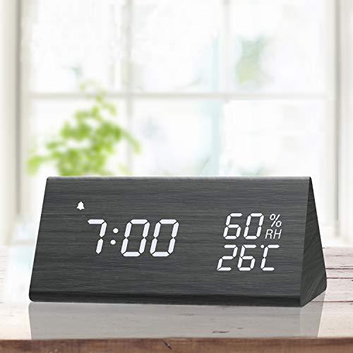 Digital Alarm Clock, with Wooden Electronic LED Time Display, 3 Alarm Settings, Humidity & Temperature Detect, Wood Made Electric Clocks for Bedroom, Bedside, Black