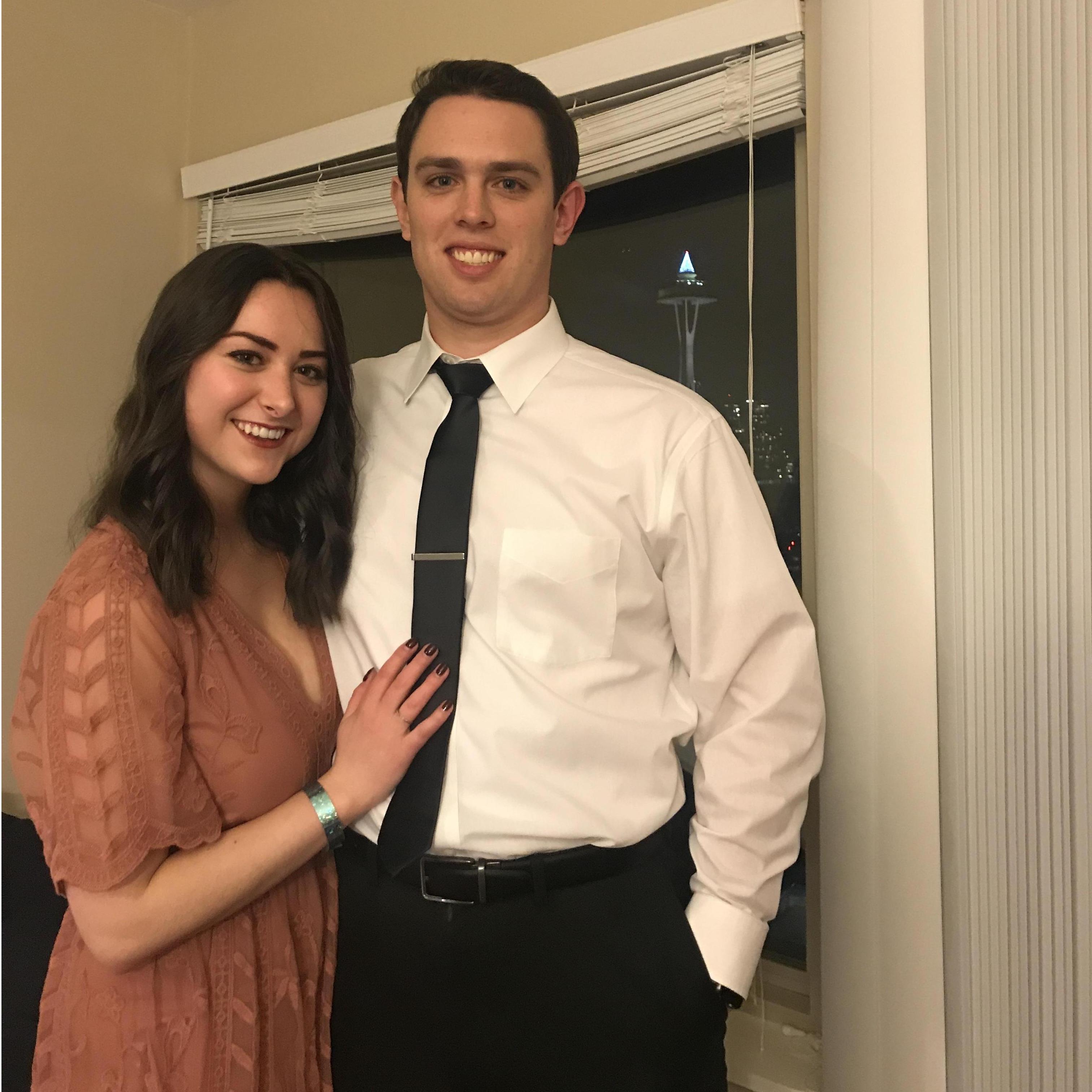 Dec 2017: Getting ready for Lauren's holiday party at her new company – ZILLOW – ft. the Space Needle in the background.