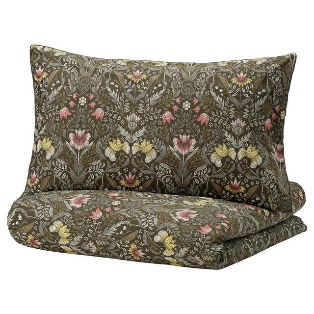 KÄRRDUNÖRT Duvet cover and pillowcase(s), dark green/multicolor, Full/Queen (Double/Queen)