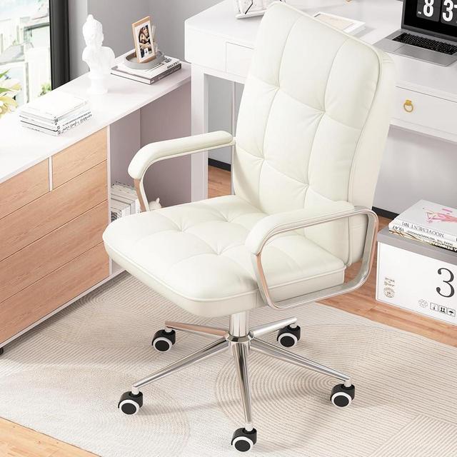 HomeZeer White Office Chair with Soft Leather, Swivel Computer Home Office Desk Chair with Wheels and Padded Arms, Adjustable Height and Tilt