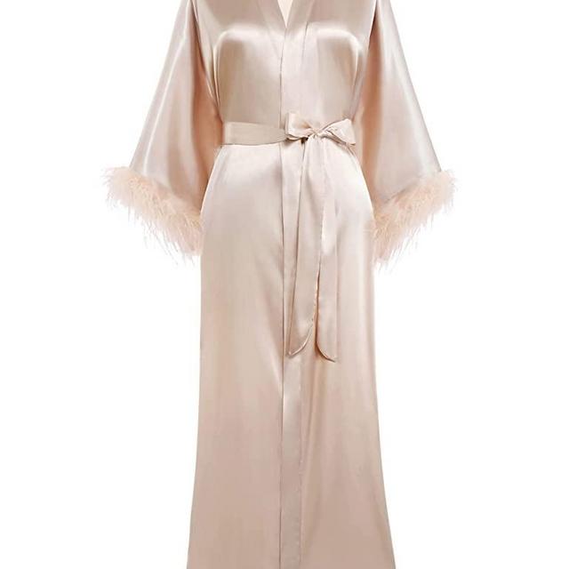 PRODESIGN Satin Kimono Robe Long Bath Robe with Ostrich Feather Trim Sleepwear Wedding Bridesmaid Robe