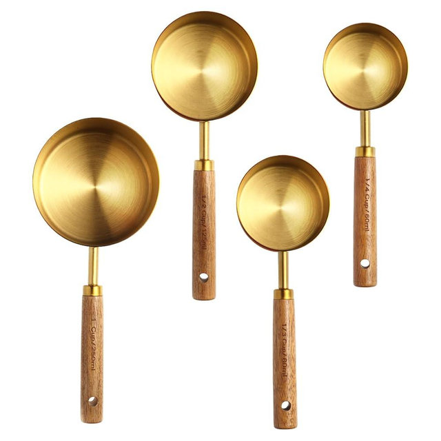 4 Piece gold measuring cups set，Golden Stainless Steel Measuring Cup and spoons set with Wooden Handle for Food/Liquid/Baking in the Kitchen
