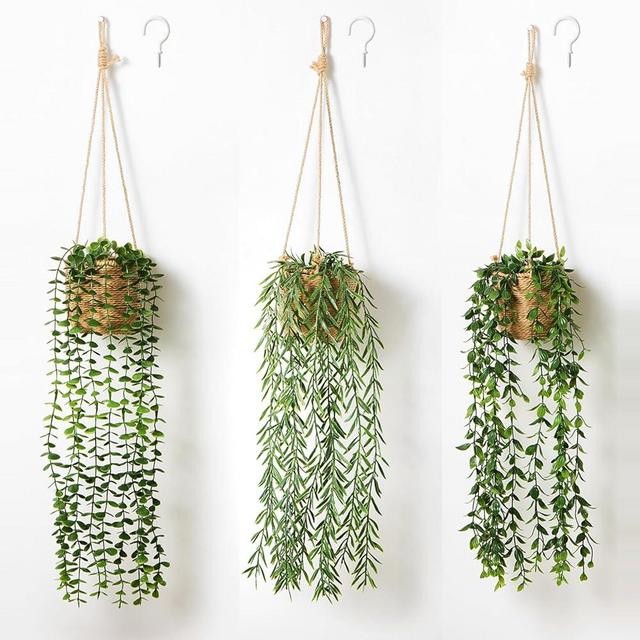 Mokof 3 Pack Artificial Hanging Plants in Boho Handwoven Baskets for Living Room, Bedroom, Bathroom Wall Shelf Decor
