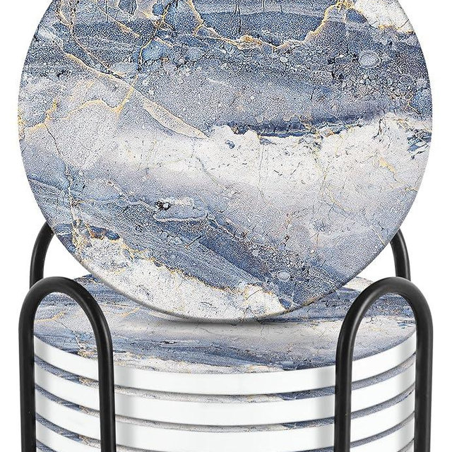 Emerson Essentials Coasters for Drinks Absorbent with Holder, Set of 6, Cork Bottom Ceramic Stone Marble Style for Wooden Coffee Bar Tables, Glass Tabletop Non Slip, Natural Stone
