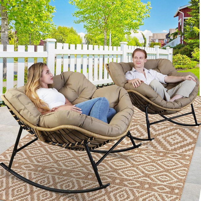 RADIATA 2 PCS Papasan Rocking Egg Chair, Indoor Outdoor Oversized Lounge Chair with Cushion, Double Wicker Rattan Rocker Loveseat, 450 lbs Capacity Outside Funiture for Patio Porch Livingroom Brown