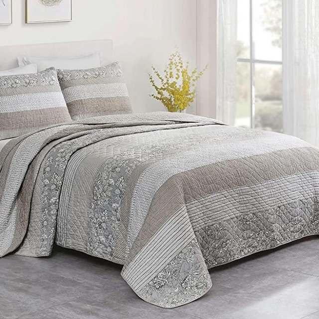 Chezmoi Collection Robyn 3-Piece Neutral Taupe Gray White Floral Hibiscus Flower Patchwork Striped Quilt Set - Pre-Washed Cotton Coverlet - Lightweight Reversible Bedspread, King Size