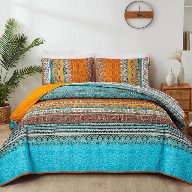 WONGS BEDDING Orange Quilt Set King Size, Stripe Boho 3 Pieces Quilts Bedspread Set Bohemian Lightweight Microfiber All Season Bedding Coverlet Set for King Bed (104"x90")