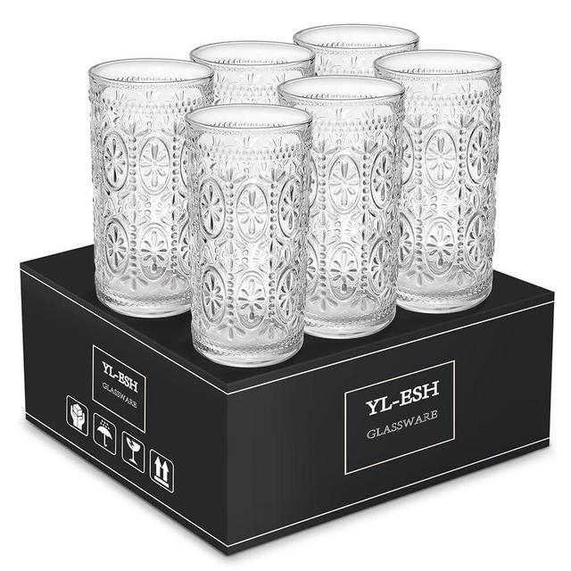 YL-ESH Vintage Drinking Glasses Set of 6 Kitchen Glass Cups，12 Oz Clear Old Fashioned Water Glassware, Embossed Vintage Glass Tumblers for Whiskey Glasses, Cocktail Glasses, Beer, Juice