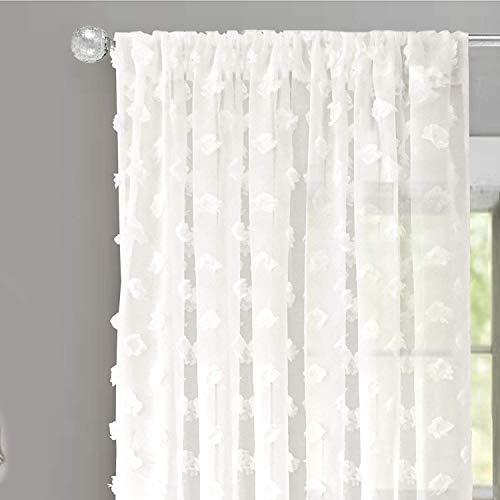 DriftAway Olivia White Voile Chiffon Sheer Window Curtains Embroidered with Pom Pom 2 Panels Rod Pocket 52 Inch by 84 Inch Off White