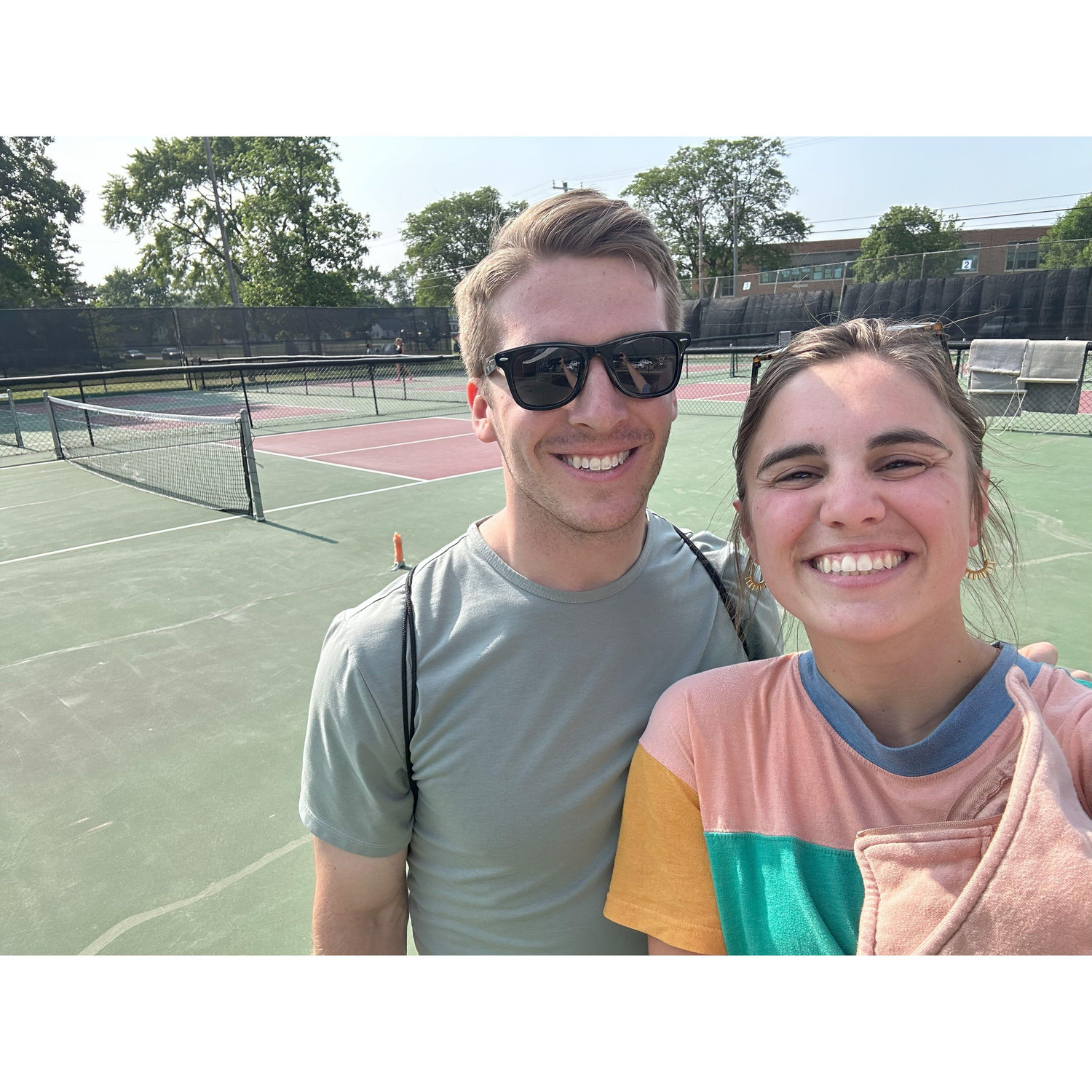 Our very first picture! Walker beat Abby in pickleball twice... with his non-dominant hand.