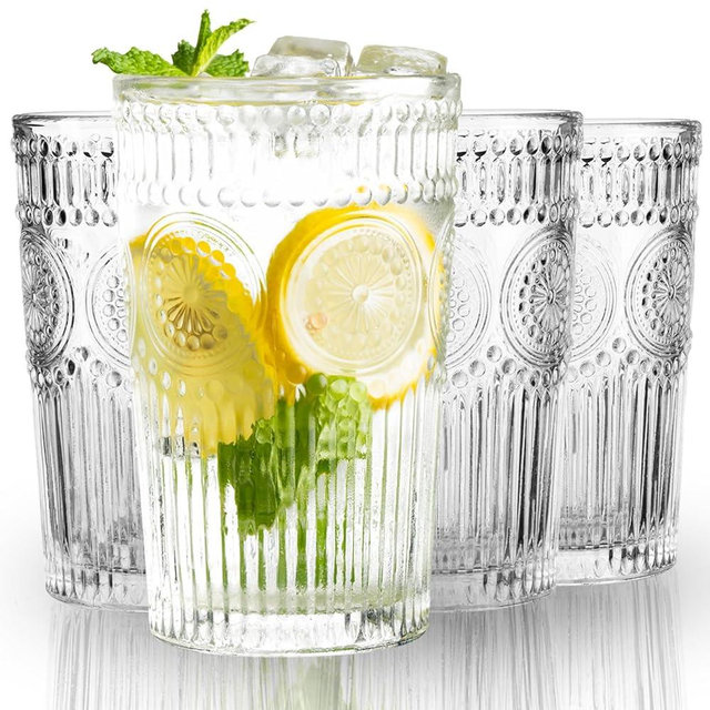 FrutPunch Highball Glasses Set of 4, 10.5 OZ Sunflower Drinking Glasses, Lead-Free Crystal Cocktail Glasses, Water Glasses for Juice, Cocktails, Wine, Iced Tea, Mojitos Glassware Set
