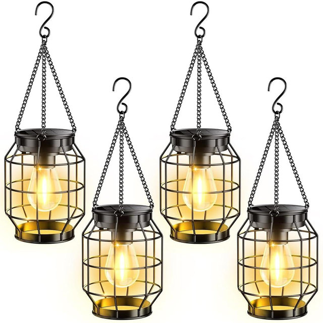 KOOPER Solar Lanterns Outdoor Waterproof, 4 Pack Upgraded Metal Hanging Solar Lights Outdoor Decorative, Brighter Outdoor Hanging Lantern for Yard Patio Pathway Porch Garden Decor, Gift for Women Mom