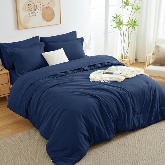 CozyLux Queen Comforter Set Navy, 7 Pieces Bed in a Bag, Bedding Comforter Set with Sheets, All Season Boho 7PC Bed Sets with Comforter, Fitted Sheets, Flat Sheets, Pillow Shams and Pillowcases