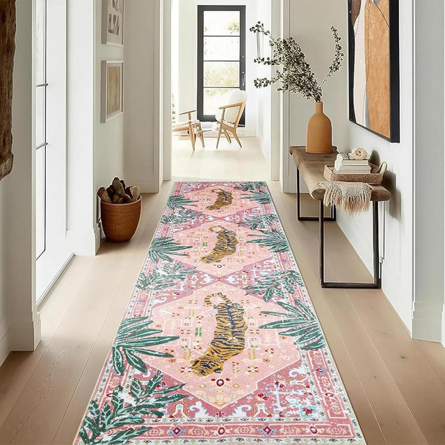 Aldopein Oriental Tropical Hallway Runner Rug 2x8 Washable, Thin Stain Resistant Pink Boho Runner Rug for Entryway Kitchen Bedroom Laundry, Vintage Abstract Hippie Indian Botanical Long Floor Carpet