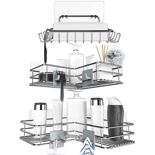Nieifi Corner Shower Caddy Shelf and Bar Soap Holder with 8 Hooks, Rustproof SUS304 Stainless Steel Soap Dish and Bathroom Shelf,No Drilling 3 Pack