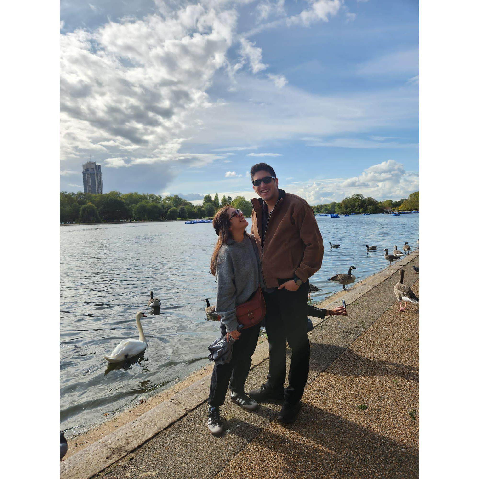 Romantic walk through Hyde Park in London.