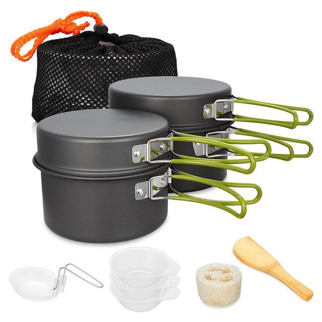 Gutsdoor Camping Cookware Set 4 Person Camping Gear Campfire Utensils Non-Stick Cooking Equipment Lightweight Stackable Pot Pan Bowls with Storage Bag for Outdoor Hiking (10 Piece/Set)