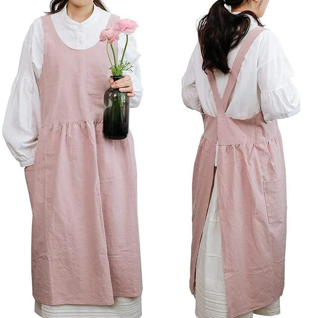 HANEE Cross Back Aprons for Women with Pockets | Japanese Style Cotton Apron | Cute Pinafore Smock for Kitchen etc (6 Colors)