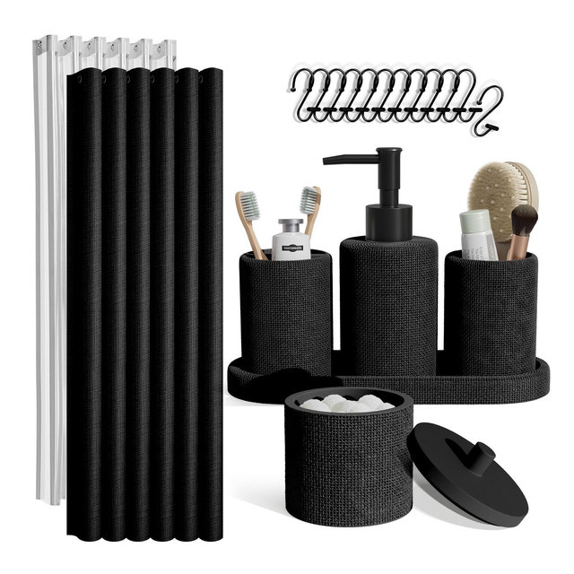 Hearth & Harbor Bathroom Accessories Set, 19PC Black Bathroom Accessory Set with Shower Curtain and Liner