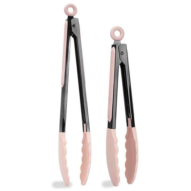 Country Kitchen Stainless Steel Silicone Tipped Kitchen Food BBQ and Cooking Tongs Set of Two 10” and 13” for Non Stick Cookware, BPA Fee, Stylish, Sturdy, Locking, Grill Tongs, Gunmetal and Pink