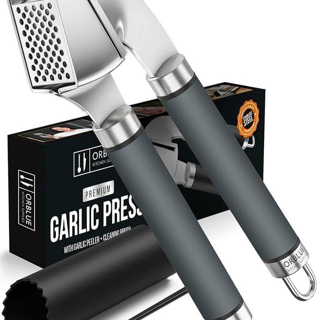ORBLUE Garlic Press Stainless Steel - Premium Professional Grade Garlic Mincer, Crusher & Peeler Set - Easy Clean, Dishwasher Safe & Rust-proof, Gray