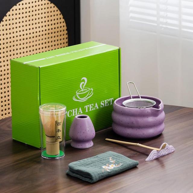 7Pcs Japanese Matcha Tea Set, Matcha Kit with Matcha Bowl (with Pouring Spout), Matcha Whisk, Whisk Holder, Strainer - Elegant Matcha Set for Gifting and Personal Use, Gift Box Packaging (Purple;)