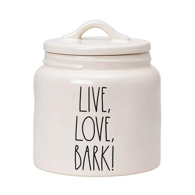 RAE Dunn Cookie Jar, Ceramic Live, Love, Bark Food Container for Cookies or Dog Biscuits, Kitchen Pottery Accents, Snack Canister with Sealed Lid (6" x 6" x 6.5")