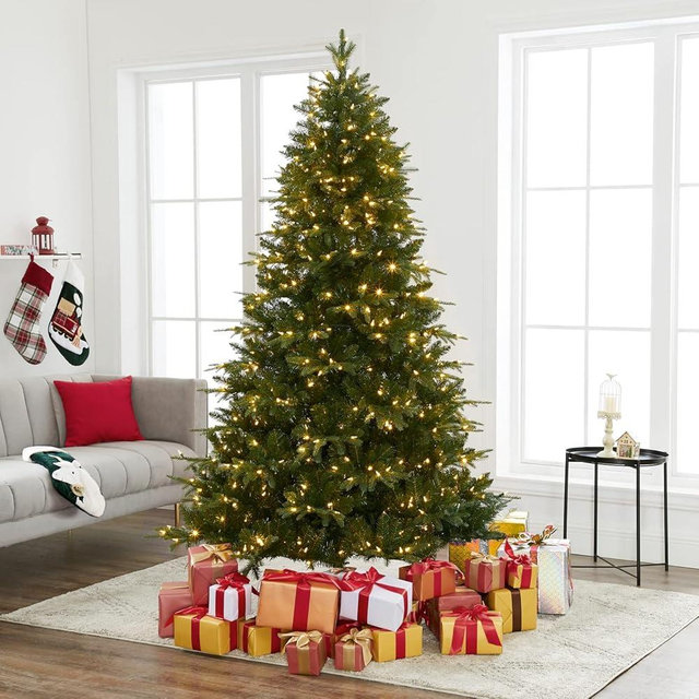 Traditional 6.5ft Prelit Artificial Christmas Tree with 1292 Branch Tips, 350 Warm Lights and Metal Stand, 47" Wide Realistic Fir Christmas Tree with Lights by Naomi Home