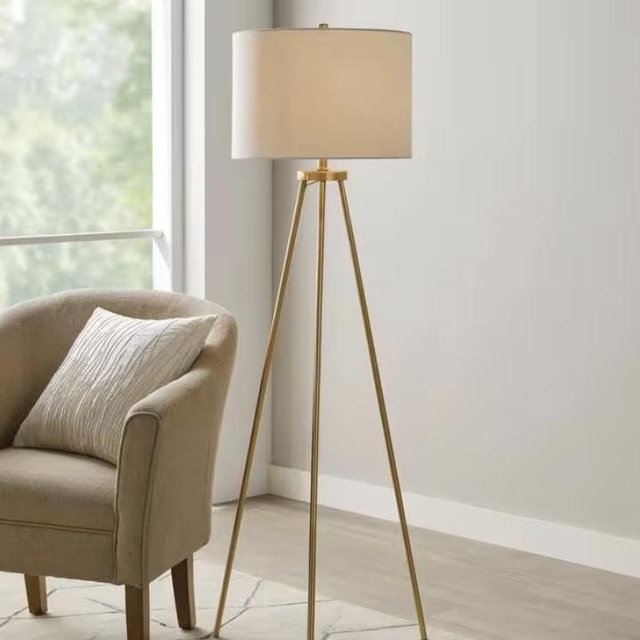 Quinby 58 in. Gold Tripod Floor Lamp with White Fabric Shade
