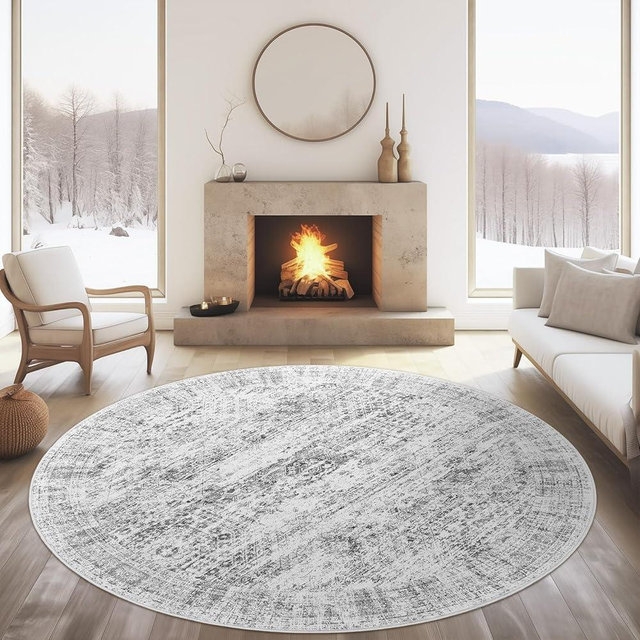Soalmost 5x5 Grey Round Rug 5ft Living Room Rug Vintage Gray Round Area Rug Non Slip Indoor Carpet for Entryway Dining Room Bedroom