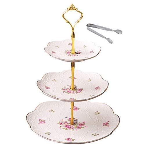 Jusalpha Elegant Embossed 3-tier Ceramic Cake Stand- Cupcake Stand- Tea Party Pastry Serving Platter in Gift Box and a Free Sugar Tong (FL-Stand 03) (3 Tier)