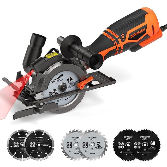 DOVAMAN Circular Saw, 5.8A Mini Circular Saw with Laser, 3500rpm, Metal Auxiliary Handle, Cutting Depth 1-11/16" (90°), 1-3/8" (45°), 6 Saw Blades Ideal for Wood, Soft Metal, Plastic, Tile - MCS01A