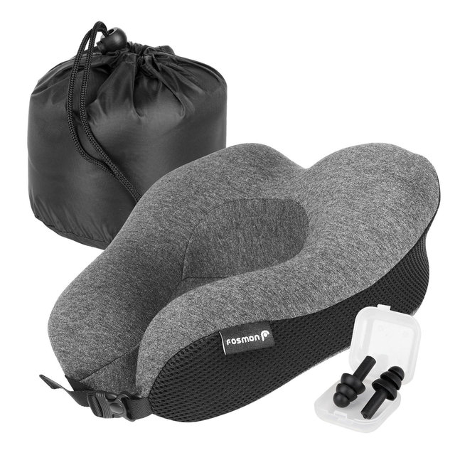 Fosmon Foldable Memory Foam Travel Pillow, Travel Neck Pillow For Plane with Washable Cover and Ear Plugs - Dark Gray/Black