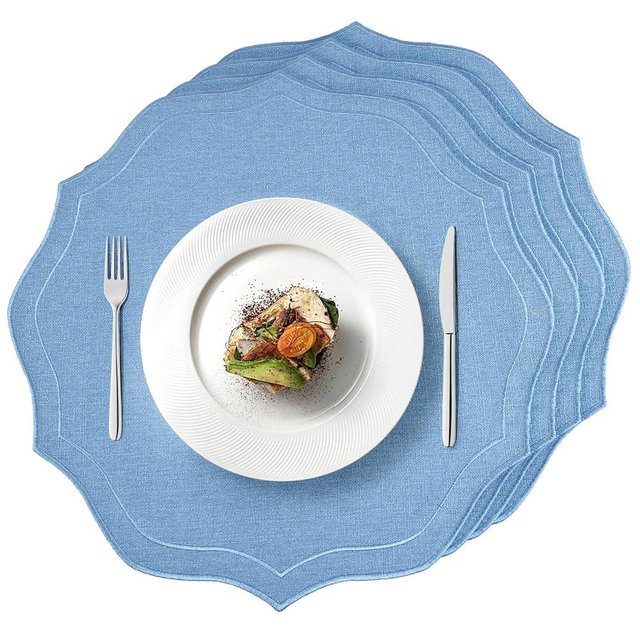 Set of 4 Cotton Linen Placemats, 15x15 Round Scalloped Cloth Table Mats, Embroidery Machine Washable, Wrinkle Resistance Fabric Place Mats for Wedding Summer Baby Shower Party Table Decor-Blue
