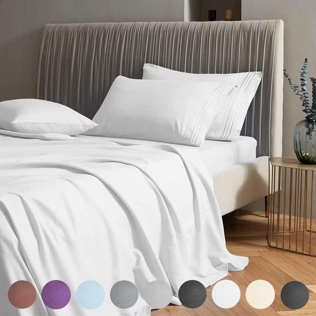 SAKIAO Queen Size Bed Sheets Set - Brushed Microfiber 1900 Thread Count Percale - 16" Deep Pocket Egyptian Sheets Beautiful- 4 Piece (White, Queen)