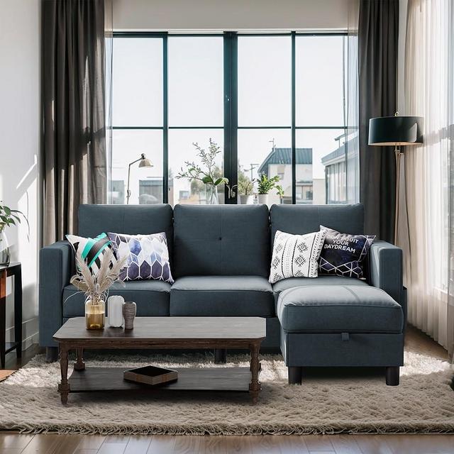 Shintenchi Convertible L-Shaped Sectional Sofa with Ottoman, 3-Seater Modern Linen Couch with Reversible Chaise and Armrest for Apartment, Office, Small Space