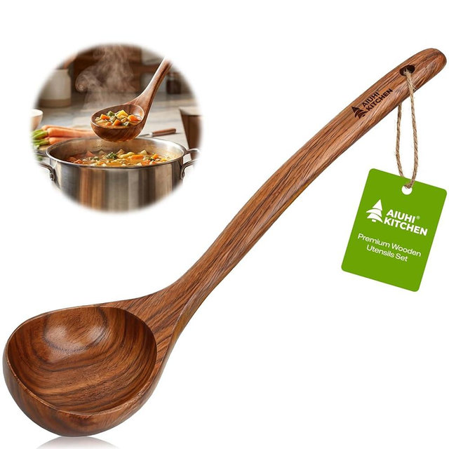 AIUHI 12.6″ Larger Wooden Ladle for Cooking, Long Handle Soup Spoon, Durable & Non-stick Teak Wood Ladle Spoon