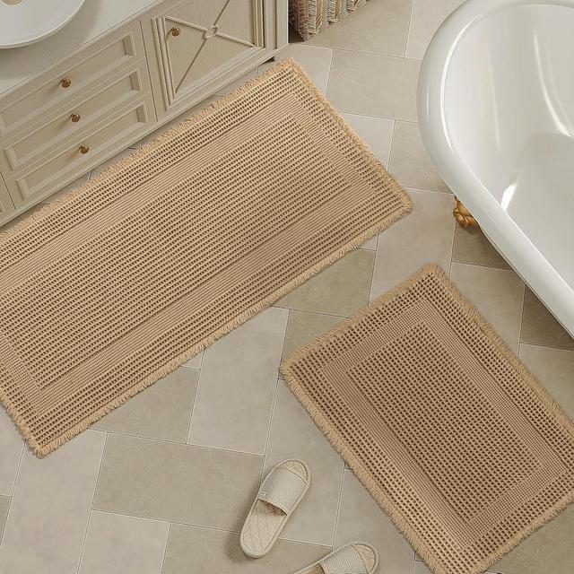 WondRg Upgraded Non Slip Bathroom Rugs Sets 2 Piece, Washable Waffle Bath Mats Set, Quick Dry Bathroom Mat, Super Absorbent Kitchen Runner Rug for Hallway, Brown, 18"x30"+24"x48"(2'x4')