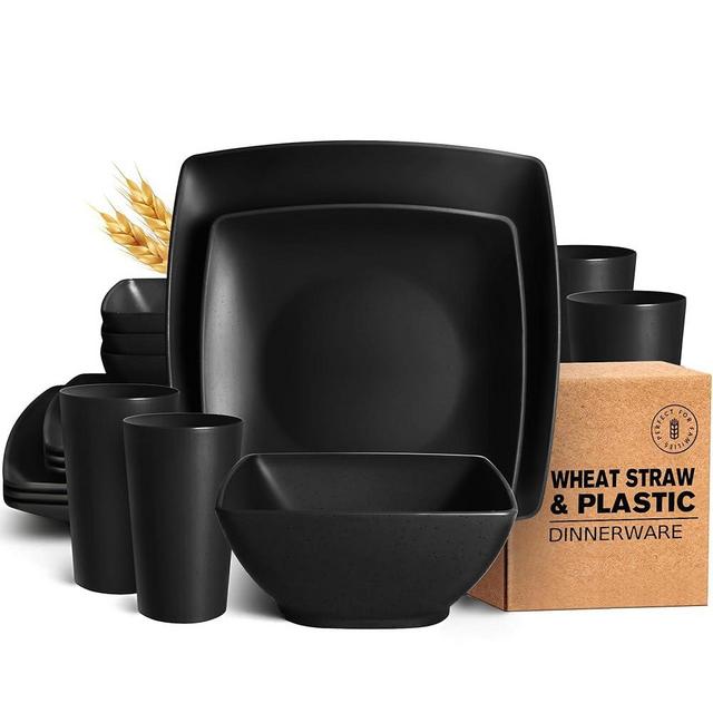 Teivio 16-piece Plastic Wheat Straw Square Dinnerware Set for 4, Unbreakable Dinner Plates, Salad Plates, Snack Bowls, Tumblers 13.5 oz, Dishwasher Safe, Black Matte