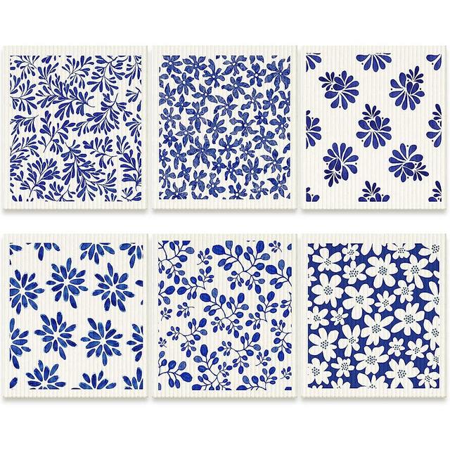 6 Pcs Swedish Kitchen Dishcloths Swedish Dishes Cloths for Kitchen Absorbent Sponge Cloths Kitchen Towels Reusable Cleaning Cloths Quick Drying for Home Kitchen Cleaning Dishcloths (Blue Leaves)