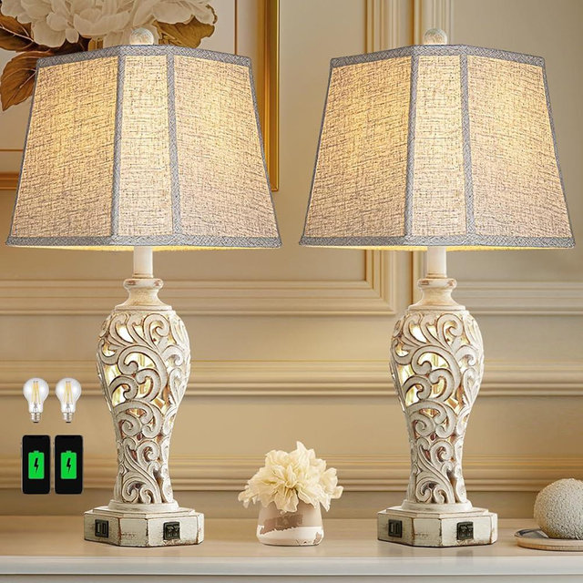 Reyokale Set of 2 Rustic Table Lamps for Living Room Bedroom, Farmhouse Vintage Nightstand Lamp with 2 USB Ports, Hollow Out Resin Lamp for End Table with Nightlight, Bulbs Included (Wash White)