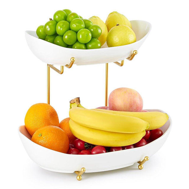 HOMKULA 2 Tier Ceramic Fruit Bowl for Kitchen Counter, Tiered Fruit Basket for Countertop, Modern Multi Layer Fruit Display Stand for Party, Cute (Gold&White, Large)